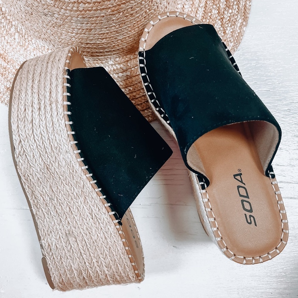 Soda Black and Tan Espadrille Wedges